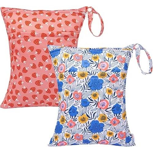 ALVABABY 2pcs Cloth Diaper Wet Dry Bags Waterproof Reusable with Two Zippered Pockets Travel Beach Pool Daycare Soiled Baby Items Yoga Gym Bag for Swimsuits or Wet Clothes L-H441432
