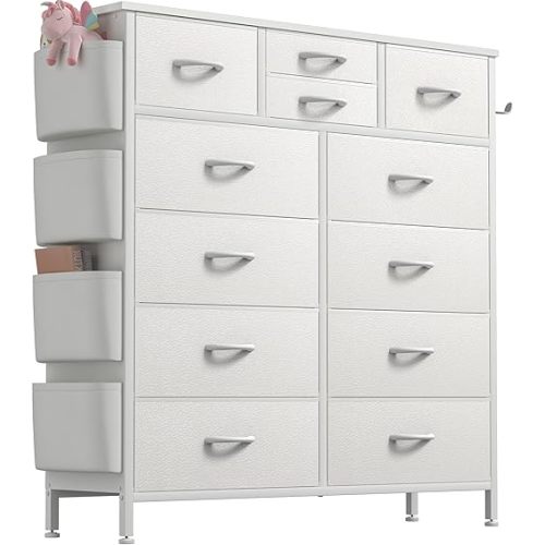 Lulive Dresser for Bedroom with 12 Drawers, Tall Dresser Chest of Drawers with Side Pockets and Hooks, Fabric Dresser Storage Tower for Closet, Hallway, Living Room (White)