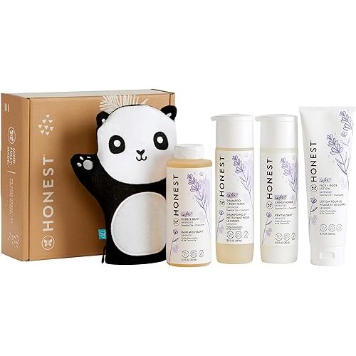 The Honest Company Lavender Bathtime Essentials Bundle | Shampoo + Body Wash, Conditioner, Face + Body Lotion, Bubble Bath, Panda Bath Mitt | Naturally Derived, Tear-Free, Hypoallergenic