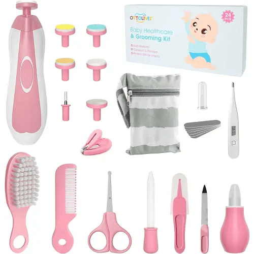 OTTOLIVES Baby Healthcare and Grooming Kit, 24 in 1 Baby Electric Nail Trimmer Set Newborn Nursery Health Care Set for Newborn Infant Toddlers Baby Boys Girls Kids Haircut Tools (0-3 Years+) (Pink)