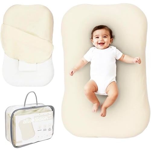 Aila + Aiden Baby Lounger | Organic Cotton Infant Lounger | Adjustable & Portable Floor Lounger |Supervised Use | Soft, Breathable, Washable Cover - Snuggle Collection - (Cream)