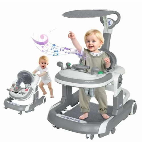 LHUAI 5-in-1 Baby Walker With Bouncer, Removable Footrest, Feeding Tray & Music, Foldable & Adjustable Activity Walker For Boys And Girls, Toddler Infant, Grey