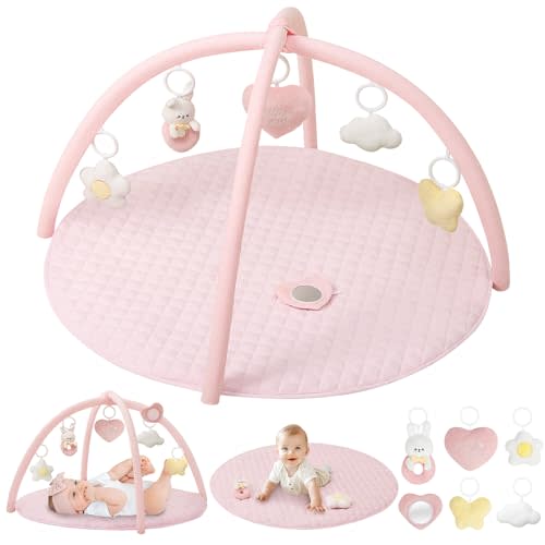 Baby Gym Play Mat, Tummy Time Mat with 6 Detachable Toys, Stylish Activity Play Mat for Babies 0-6-12 Months, Essential Gift for Newborns and Toddlers, Pink
