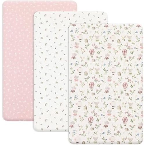 PHF Paquete de 3 sábanas suaves para cuna, diseño floral y de animales, para bebés, niños y niñas, antideslizantes, ajuste universal para Pack N Play, corral, colchones portátiles y minicuna, floral y