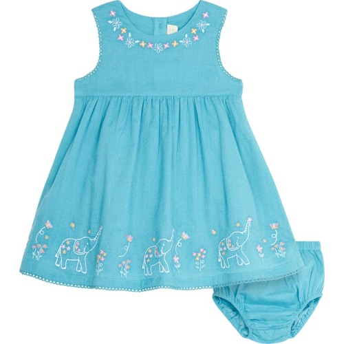 Baby Jungle Animals Embroidered Dress, 0-3M, Duck Egg