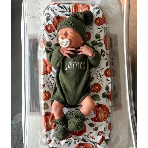 Embroidered Newborn Name Romper, Cotton Sweater Hat and Bootie Set