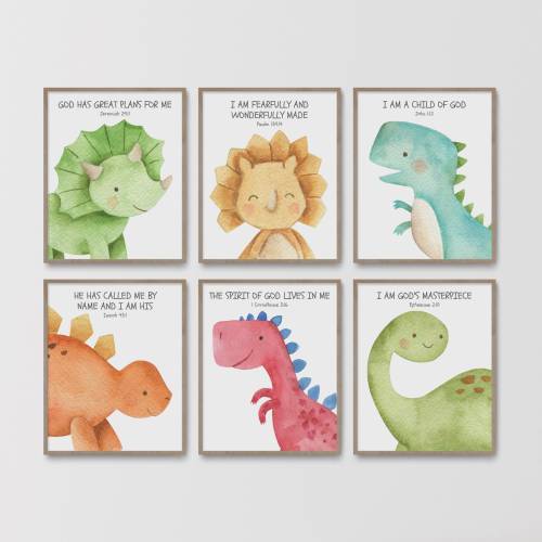 Christian Nursery Decor, Set of 6 Kids Bible Verse Wall Art, Baby Boy Nursery, Scripture Print Dino, Sunday School Church, Dinosaur