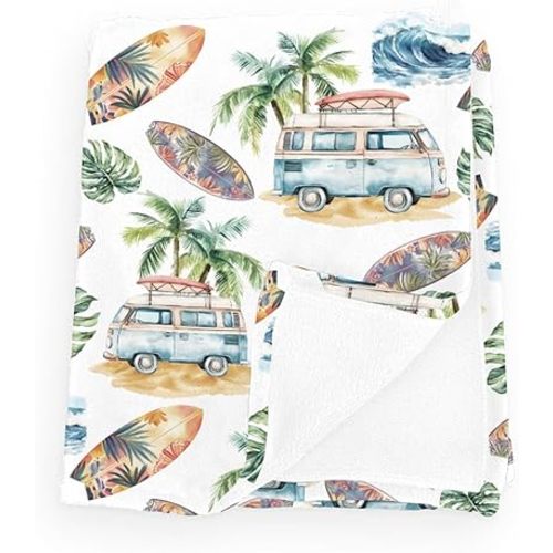 Vintage Summer Beach Surfing Tropical Leaves Baby Blanket Girl Boy Retro Surfboard Bus Sea Waves Flannel Blanket Holiday Fluffy Blanket for Baby Breathable Newborn Toddler Kid Crib Bedding