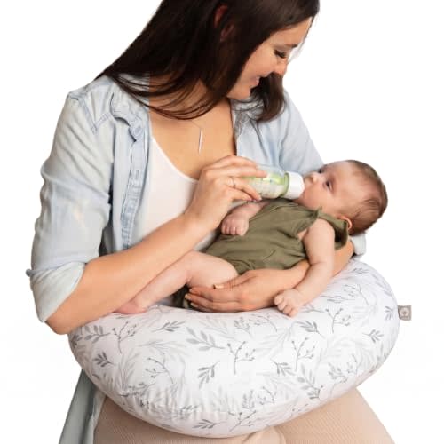 Boppy Nursing Pillow - Verified Safe Breastfeeding Pillow with Softer Fill for Comfortable Support, Machine Wash & Dry Cover, Non-Toxic Materials - Gray Gentle Leaves