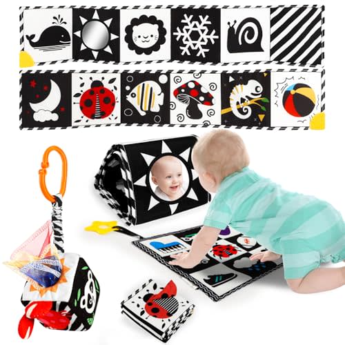 3 PCS Black and White High Contrast Baby Toys for Newborn, Montessori Toys Sensory Infant Tummy Time Toys Baby Essentials 0-6-12 Months Gifts