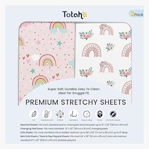 TotAha Premium Soft Pack n Play Sheets, Super Stretchy Jersey Knit Mini Crib Sheets Fitted, Silky Comfort Pack and Play Mattress Sheets, 2 Pack (Rainbow)