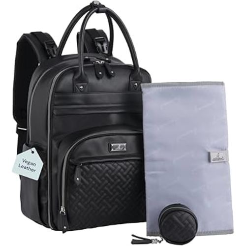 BabbleRoo Leather Diaper Bag Backpack - Baby Essentials Travel Baby Bag, Multi function, with Changing Pad, Stroller Straps & Pacifier Case – Unisex, Black