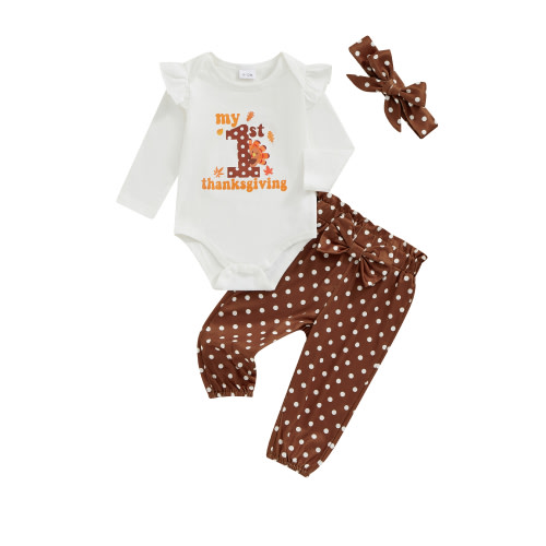 Baby Toddler Girls 3Pcs Thanksgiving Outfits 0 3 6 12 18 Months Long Sleeve Romper + Dots/Turkey Print Pants + Headband Set Fall Clothes