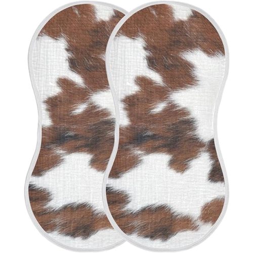 Muslin Baby Burp Cloths Set of 1, Soft Absorbent White Brown Print Cow Muslin Washcloths, Bibs, Face Towel for Newborn Boys Girls, 22 x 11 Inch