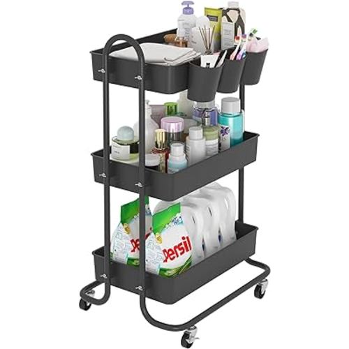 Sywhitta 3-Tier Storage Rolling Utility Cart with 3 Hanging Cups, Multifunctional Storage Trolley for Kitchen,Bathroom,Living Room,Office, Black