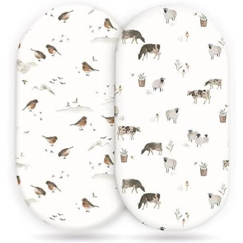 GRSSDER Stretchy Ultra Soft Bassinet Mattress Sheets 2 Pack, Universal Fitted for Baby Cradle Moses Basket Oval Rectangle Standard Pad Safe and Snug, Cute Animal Print Bassinet Sheet for Boys