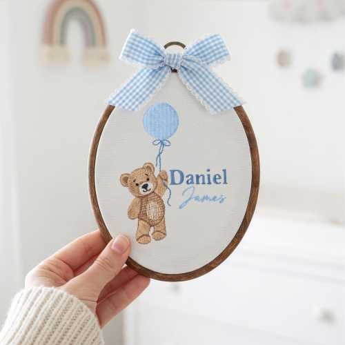 Custom Embroidered Teddy Bear Name Sign, Gender Neutral Baby Announcement, Nursery Decor