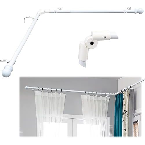 White Steel Corner Curtain Rod, 30-136 Inch, Adjustable, Wall Mounted, Glossy Smooth Finish