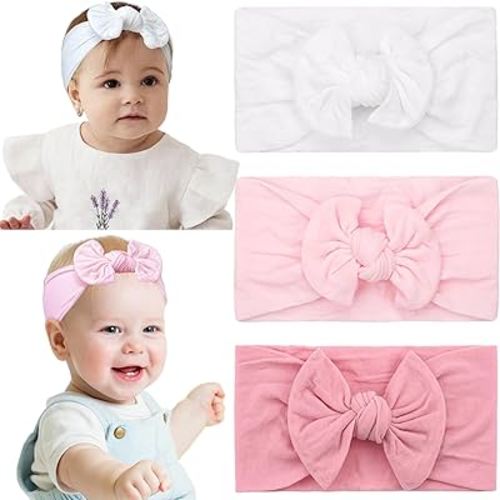 JOYOYO 3 Colors Soft Wide Turban Baby Headbands with 4.5 inches Hair Bow Headbands for Baby Girls Infants Newborn Hair Accessories Toddlers Kids and Children(White Pink Pink)