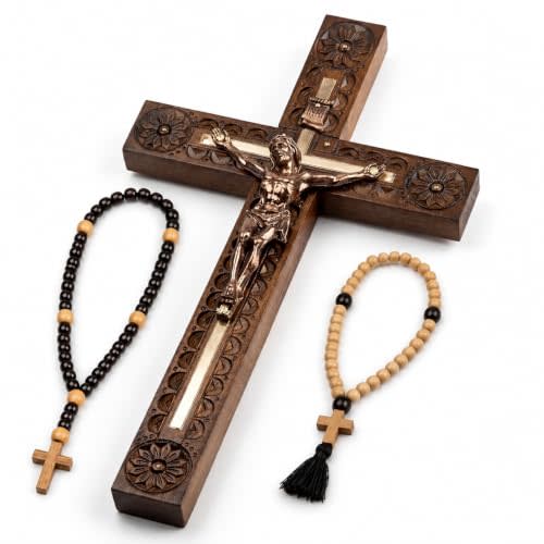 Woodvio - Hand carved wooden wall cross, Catholic crucifix