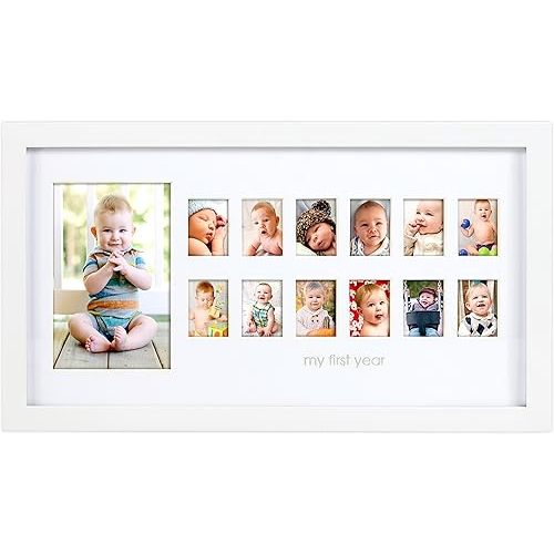 Pearhead My First Year Photo Moments, Baby's First Twelve Months Photo Collage and Gender Neutral Keepsake, Ideal for Baby Shower, New Mom Gift and Nursery Decor, 13 Photo Inserts, White