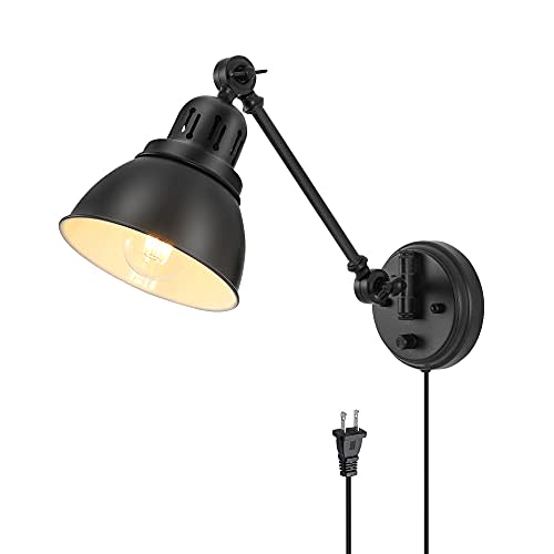 GOODATE Plug in Wall Sconces, Wall Sconce Lighting with Dimmable On Off Switch, Swing Arm Wall Lamp, Black Metal Industrial Wall Light Fixtures, Safety E26 Base, 6FT Plug in Cord