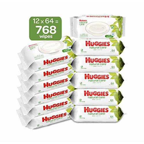 Huggies Natural Care Sensitive Baby Wipes, Unscented, Hypoallergenic, 99% Purified Water, 12 Flip-Top Packs (768 Wipes Total), Packaging May Vary - 64 Count (Pack of 12)