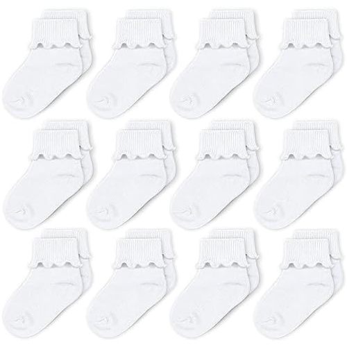 CozyWay Baby Girls Socks Ruffle Ripple Edge Turn Cuff Socks for Baby Toddler Girls | 12-Pairs