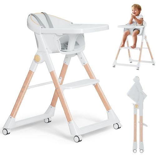 Baby High Chair, High Chairs for Babies and Toddlers, Convertible Folding High Chair with Wheels, Removable Tray 5 Point Harness Footrest Detachable PU Cushion, Portable Highchair for Baby Toddlers