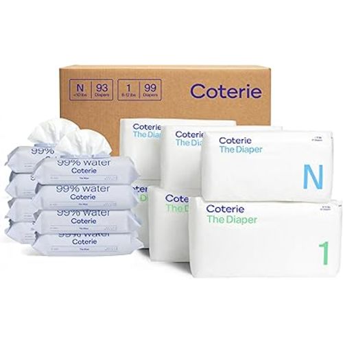 Coterie Baby Wipes + Diapers Kit, Size 1 (99 Count) & Size Newborn Diapers (93 Count), 8 Pack (448) Baby Wipes with 99% Water, Plant Based Materials, Hypoallergenic for Sensitive Skin