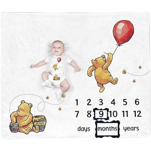 The Pooh Bear Baby Stuff, Honey Baby Monthly Milestone Blanket for Newborn Baby Boy & Girl Photo Taken - Baby Age Blanket with 2 Frame