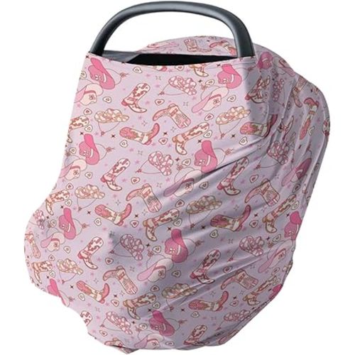 HawSkgFub Pink Western Cowgirl 5-in-1 Car Cover for Baby Girls Shower Gift, Wild West Cowgirl Boots Hats Star Privacy Breastfeeding Nursing Cover, Newborn Infant Multi-use Carseat Canopy Carrier