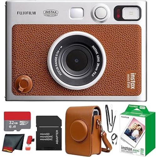 Fujifilm Instax Mini EVO Hybrid Instant Camera (Brown) Bundle with Instax-Mini Twin Pack Instant-Film 20 Sheets + 32GB Memory Card + Vintage Brown Mini-Evo Camera Case + Cleaning Cloth