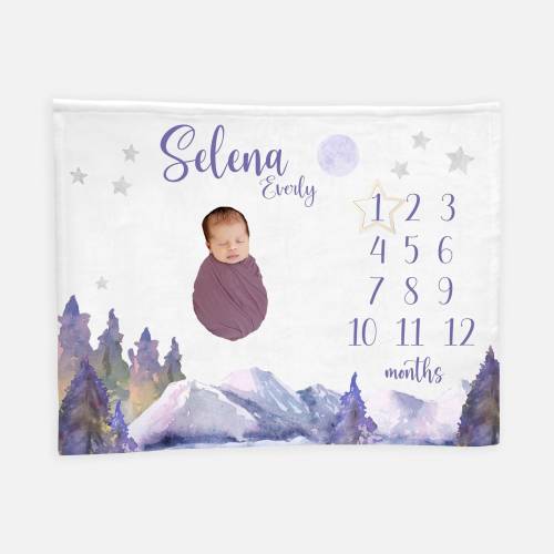 Girl Mountains Baby Milestone Blanket, Mountains Moon Milestone Blanket, Personalized Baby Blanket, Monthly Blanket, Adventure Baby Girl M22