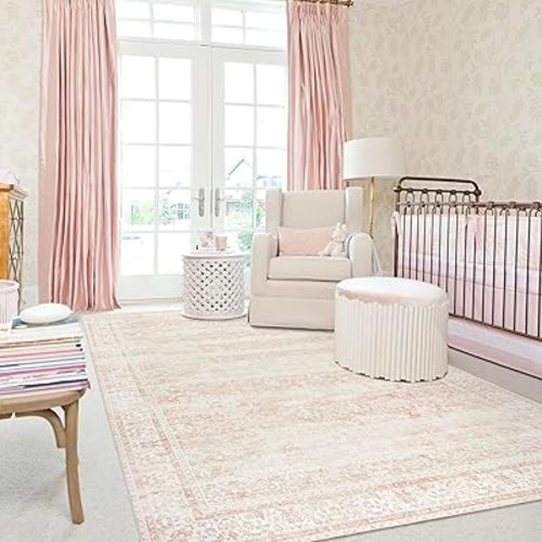 Pink Area Rug for Living Room Soft Washable Faux Wool Neutral Boho Floral Big Nursery Bed Bedroom Livingroom Carpet Size Extra Large Area Rugs 8x10