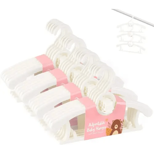 HGYZE Baby Hangers for Closet 20pcs, White Kids Clothes Hanger Plastic, 11-14" Adjustable Bulk Perchas for Newborn, Non-Slip Children Outfit Bear Hanger for Girl Boy Toddler Infant Nursery Clothing