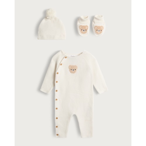 F&F Baby 3-Piece Pure Cotton Knitted Bear Romper, Hat and Bootie Set in White - Tesco Groceries