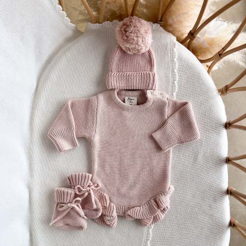 Long Sleeve Frill Leg Knit Romper & Beanie Bundle - Pink Lemonade