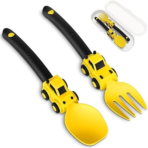Construction Toddler Utensils - Toddler Forks and Spoons - Kids Spoon and Fork Set - Suitable for Kids Utensils - Easter Gifts, Portable Silverware Set for 1 2 3 4 5 year old Toddlers, Yellow