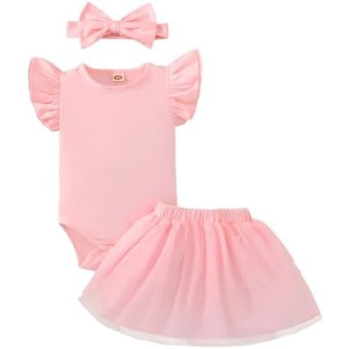 Newborn Solid Color Dress Bow Outfit Baby Girl Ruffle Sleeve Romper Dress Infant Jumpsuit Tutu Skirt Set Clothes