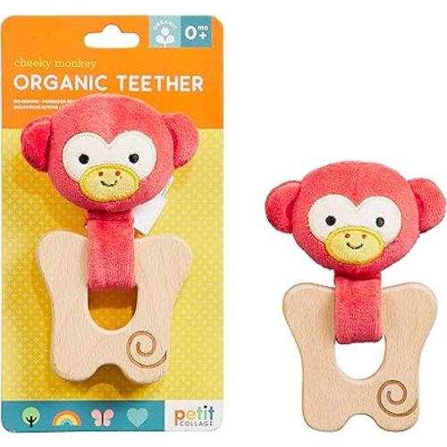 Petit Collage Baby Teether, Monkey – Baby Teething Toy Made with Organic Cotton and Beechwood – Thoughtfully Designed Wooden Toy Made with Safe Materials – Great Baby Shower Gift Idea