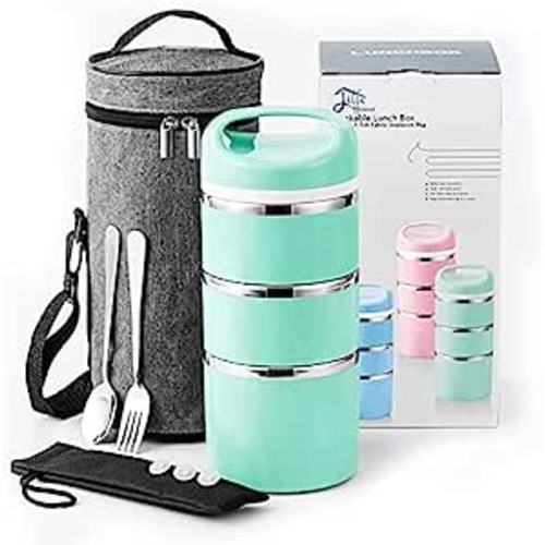 Lille Home Stackable Stainless Steel Thermal Compartment Lunch/Snack Box, 3-Tier Insulated Bento/Food Container with Upgraded Lunch Bag, Portable Cutlery Set and 3 Extra Silicone Seals, 43 OZ, Green : Home & Kitchen