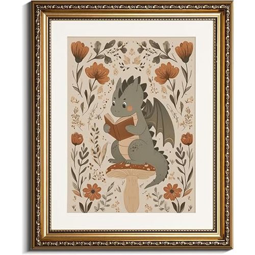InSimSea gold framed art Cute Reading Dragon Wall Art, 16x13 Inch Framed Decor, Cottagecore Floral Dinosaur Print, Whimsical Neutral-Tone Art for Kids Room,Nursery,Living Room.