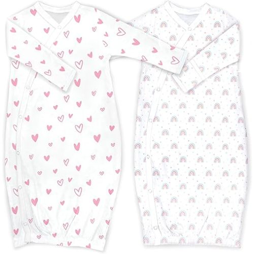 Cambria Baby 100% Organic Kimono Gowns. Side Snaps with Built in Mitts. (Hearts and Rainbows, 0-6 Months)