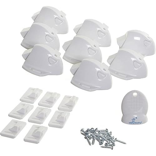Dreambaby Adhesive Mag locks (8-Pack 1 Key) - Child Proofing Cabinet Magnetic Latches - White- Model L859