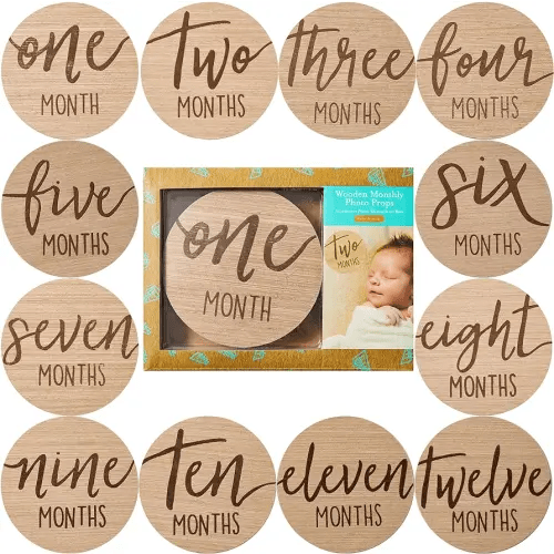 Kate & Milo Baby Monthly Milestone Marker Discs, Reversible Photo Props, Baby Growth and Pregnancy Growth Cards, 1-12 Months, Gender-Neutral Gift, Classic Cursive Script Wooden Discs