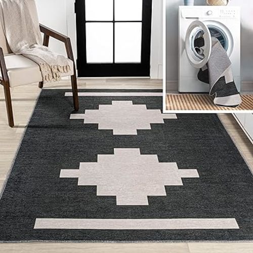 JONATHAN Y WSH111A-5 Adriel Geometric Tribal Medallion Machine-Washable Indoor Area -Rug, Bohemian Southwestern Modern Easy -Cleaning,Bedroom,Kitchen,Living Room,Non Shedding, Dark Green/Ivory, 5 X 8
