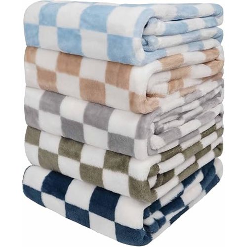 Baby Blanket 5 Pcs Checkerboard Grid Ultra Soft Gift-Ready Plush for Newborns, Nursery & Stroller 30"x40" Green Blue Light Gray Dark Blue Camel