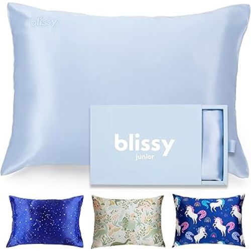 Blissy Toddler Silk Pillowcase - 100% Pure Mulberry Silk - 22 Momme 6A High-Grade Fibers - Soft and Gentle Silk Pillowcase for Kids Hair and Skin (Toddler 13 x 18 in, Baby Blue)