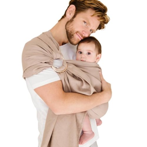 WildBird - Ring Sling Baby Carrier - Newborn to Up to 35 lbs - for Moms, Dads & Caregivers - 100% Natural European Linen Fibers - Versatile & Adjustable - 90” Size - Desert Lark Fabric & Silver Ring
